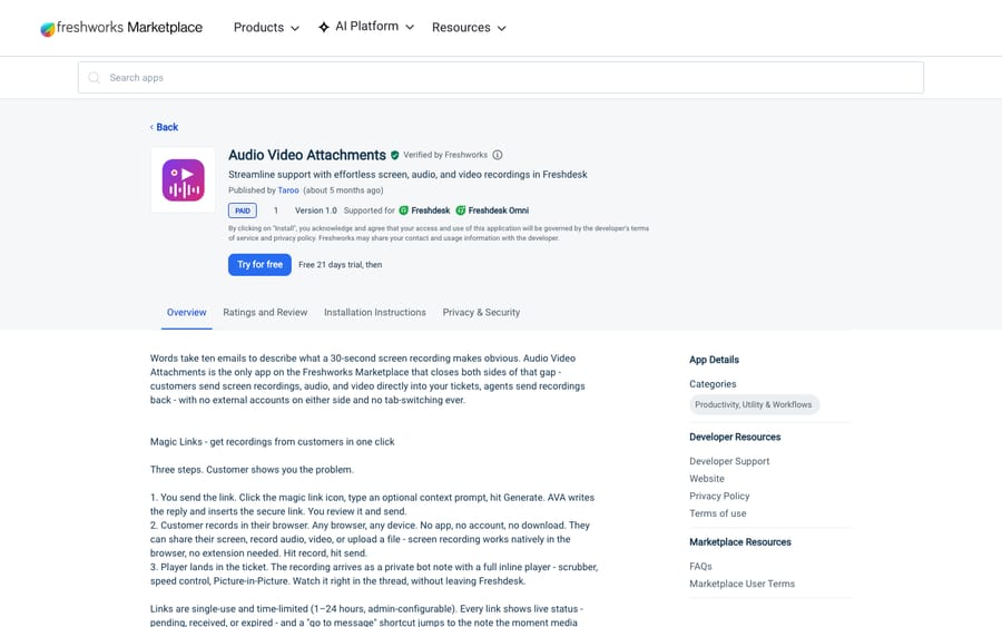 Audio Video Attachments' listing on the Freshworks Marketplace, US view captured October 30, 2026 via the Wayback Machine