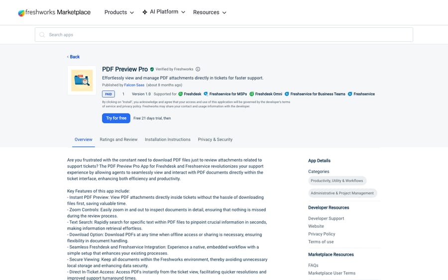 PDF Preview Pro's listing on the Freshworks Marketplace, US view captured October 30, 2026 via the Wayback Machine