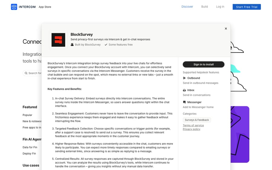 BlockSurvey's listing on the Intercom App Store, captured October 30, 2026