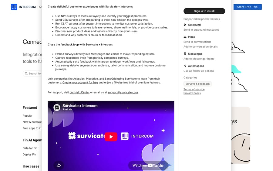 Survicate's listing on the Intercom App Store, captured October 30, 2026