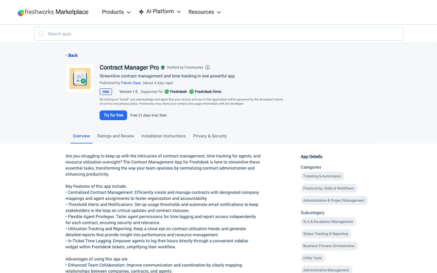 Contract Manager Pro's listing on the Freshworks Marketplace, US view captured October 30, 2026 via the Wayback Machine