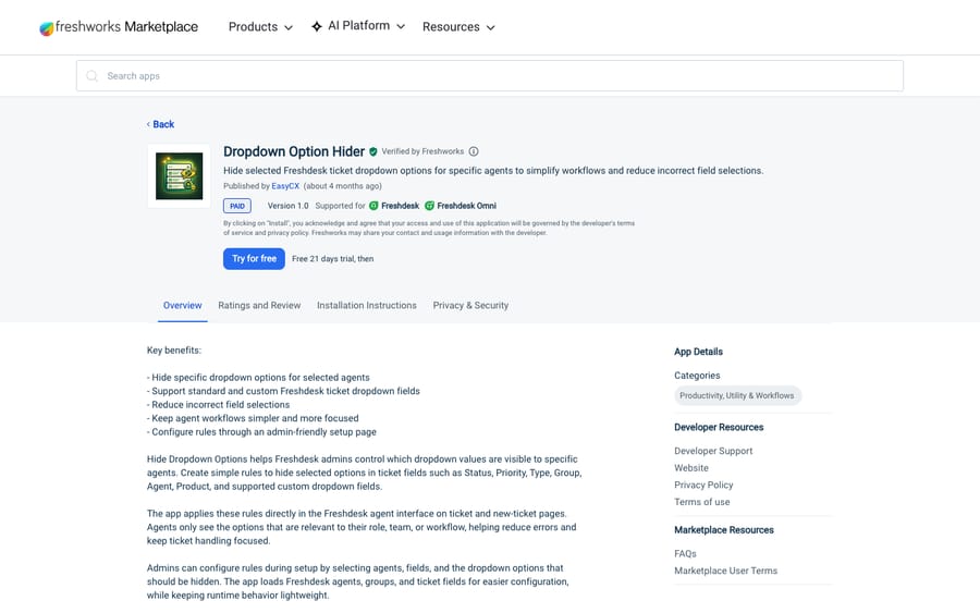 Dropdown Option Hider's listing on the Freshworks Marketplace, US view captured October 30, 2026 via the Wayback Machine