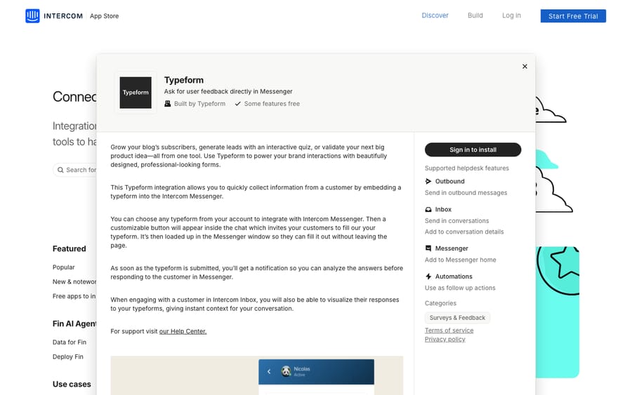 Typeform's listing on the Intercom App Store, captured October 30, 2026