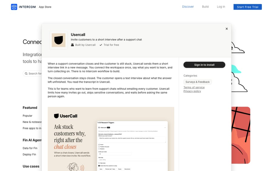 Usercall's listing on the Intercom App Store, captured October 30, 2026