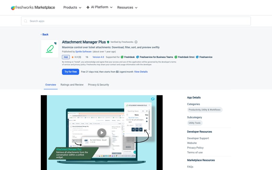 Attachment Manager Plus's listing on the Freshworks Marketplace, US view captured October 30, 2026 via the Wayback Machine