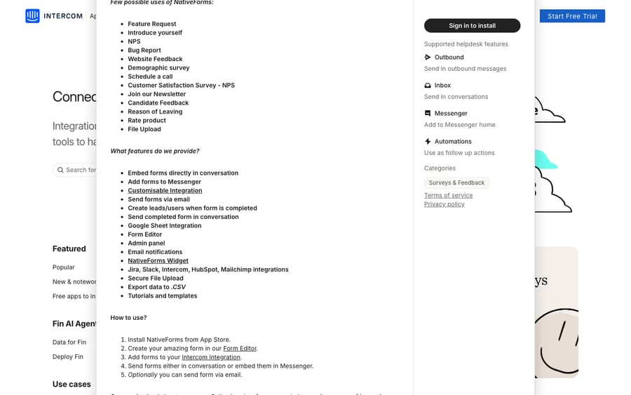 NativeForms' listing on the Intercom App Store, captured October 30, 2026