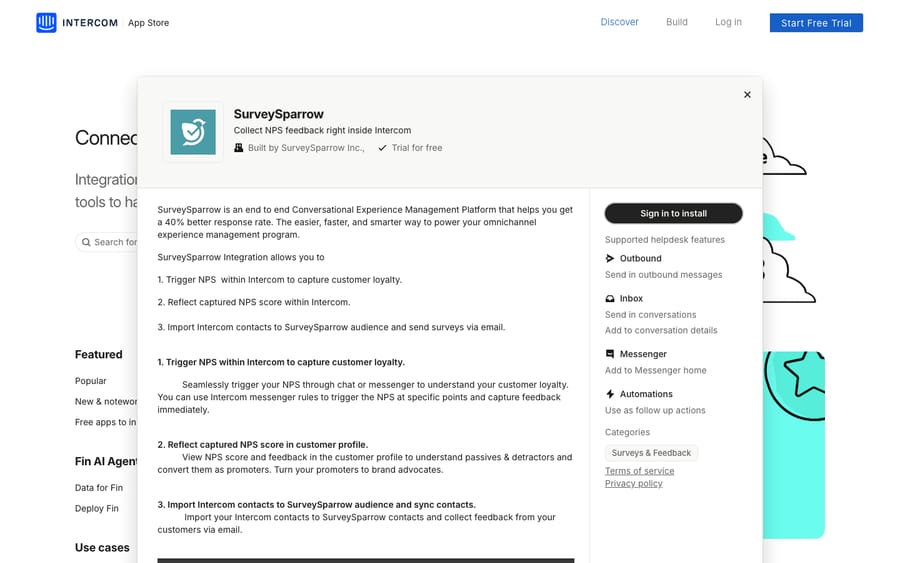 SurveySparrow's listing on the Intercom App Store, captured October 30, 2026