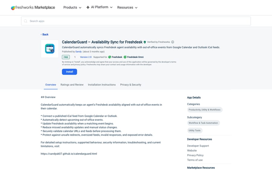 CalendarGuard's listing on the Freshworks Marketplace, US view captured October 30, 2026 via the Wayback Machine