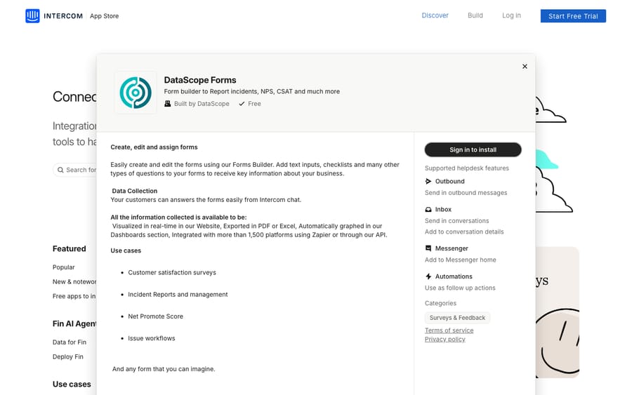 DataScope Forms' listing on the Intercom App Store, captured October 30, 2026