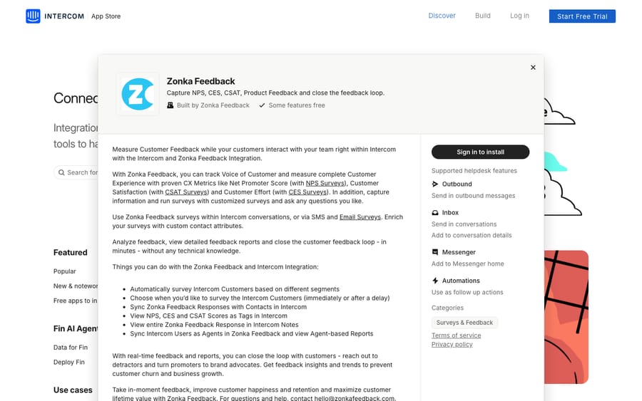 Zonka Feedback's listing on the Intercom App Store, captured October 30, 2026