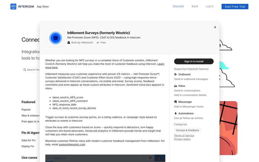 InMoment Surveys' listing on the Intercom App Store, captured October 30, 2026