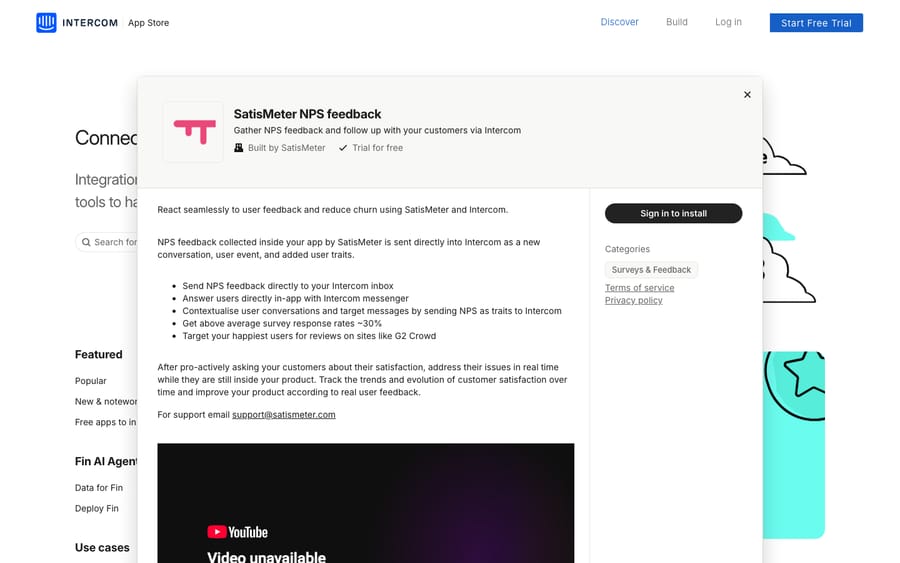 SatisMeter's listing on the Intercom App Store, captured October 30, 2026