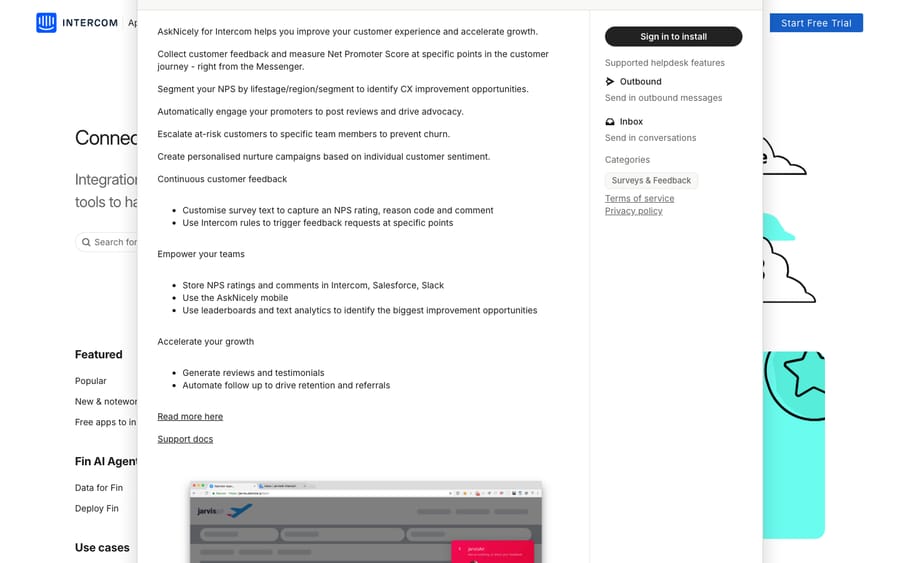 AskNicely NPS Chat's listing on the Intercom App Store, captured October 30, 2026