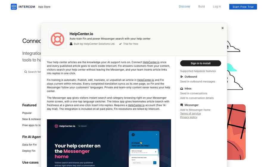 HelpCenter.io's listing on the Intercom App Store, captured October 30, 2026