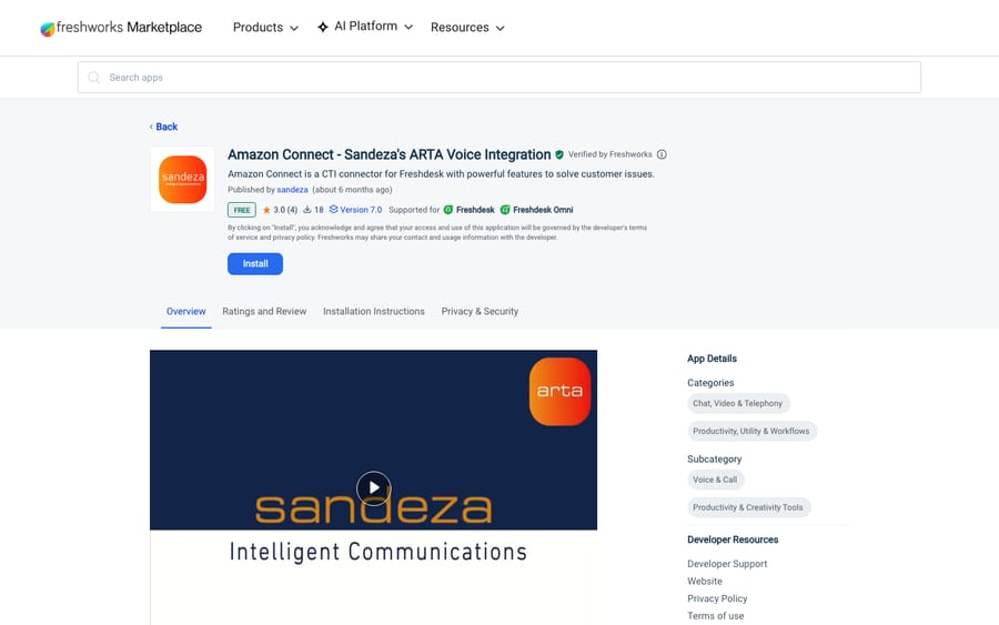 Amazon Connect - Sandeza's ARTA Voice Integration's listing on the Freshworks Marketplace, captured October 30, 2026