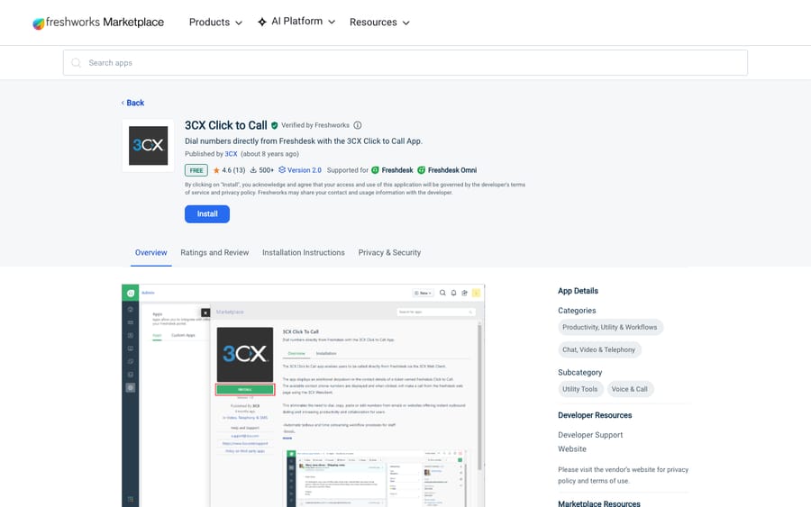 3CX Click to Call's listing on the Freshworks Marketplace, captured October 30, 2026