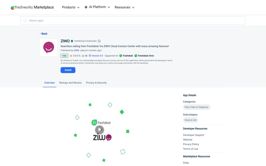 ZIWO's listing on the Freshworks Marketplace, captured October 30, 2026
