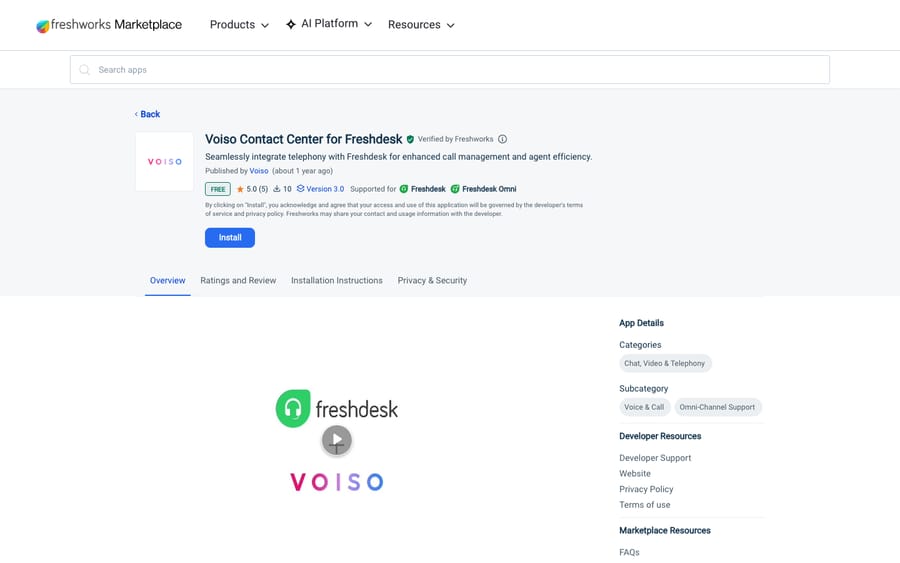 Voiso Contact Center for Freshdesk's listing on the Freshworks Marketplace, captured October 30, 2026