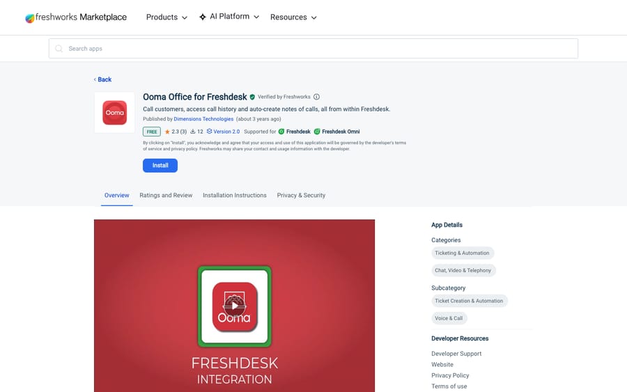 Ooma Office for Freshdesk's listing on the Freshworks Marketplace, captured October 30, 2026