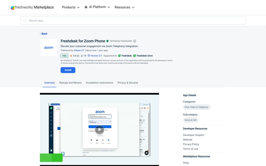 Freshdesk for Zoom Phone's listing on the Freshworks Marketplace, captured October 30, 2026