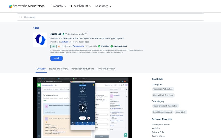JustCall's listing on the Freshworks Marketplace, captured October 30, 2026