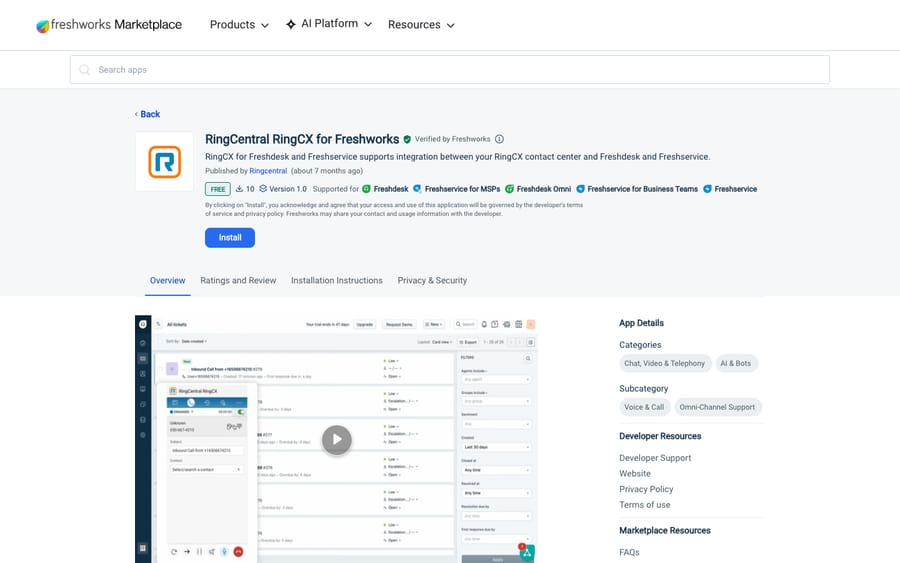 RingCentral RingCX for Freshworks's listing on the Freshworks Marketplace, captured October 30, 2026