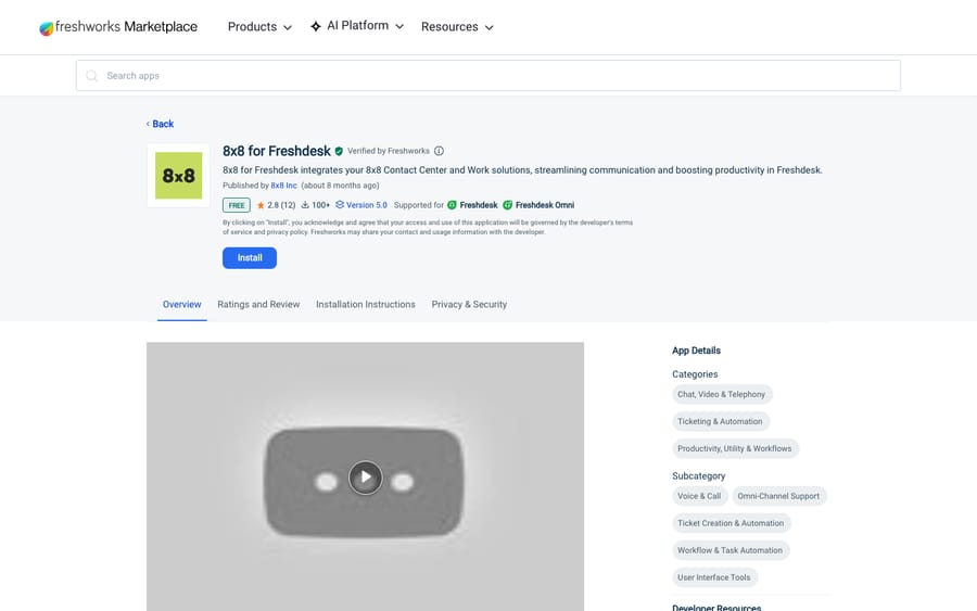 8x8 for Freshdesk's listing on the Freshworks Marketplace, captured October 30, 2026