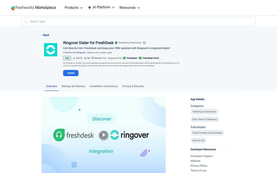 Ringover Dialer for FreshDesk's listing on the Freshworks Marketplace, captured October 30, 2026