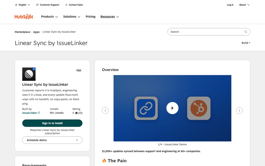 Linear Sync by IssueLinker's listing on the HubSpot App Marketplace, captured October 30, 2026