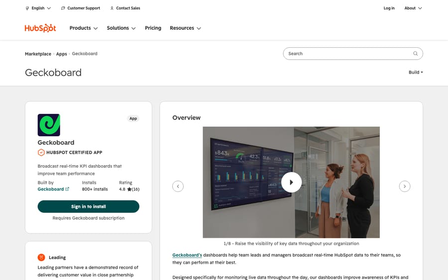 Geckoboard's listing on the HubSpot App Marketplace, captured October 30, 2026