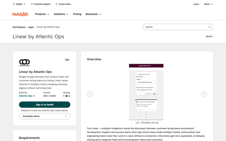Linear by Atlantic Ops's listing on the HubSpot App Marketplace, captured October 30, 2026