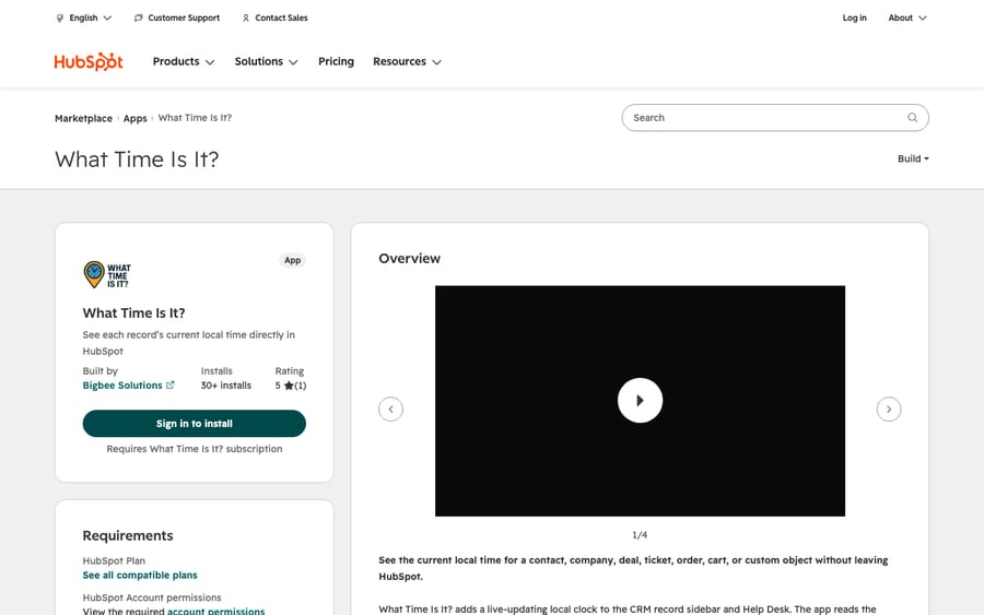 What Time Is It?'s listing on the HubSpot App Marketplace, captured October 30, 2026