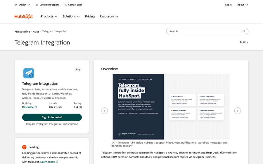 Telegram Integration's listing on the HubSpot App Marketplace, captured October 30, 2026