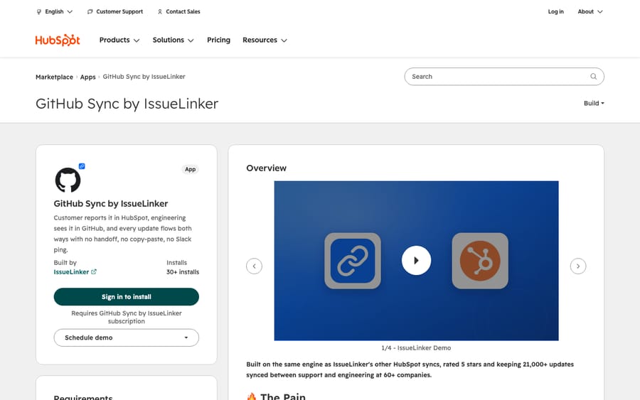 GitHub Sync by IssueLinker's listing on the HubSpot App Marketplace, captured October 30, 2026