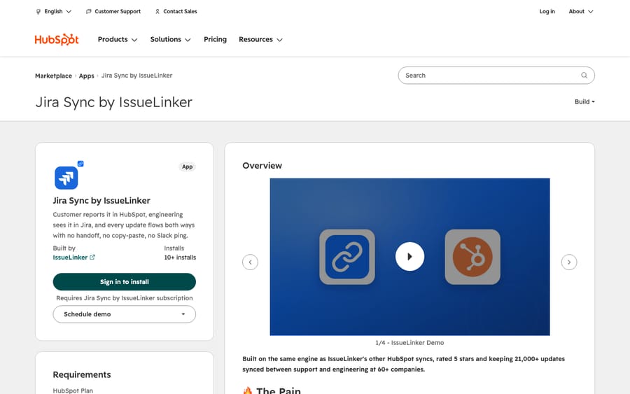Jira Sync by IssueLinker's listing on the HubSpot App Marketplace, captured October 30, 2026