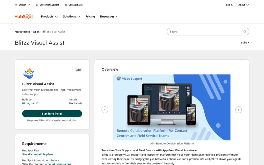 Blitzz Visual Assist's listing on the HubSpot App Marketplace, captured October 30, 2026