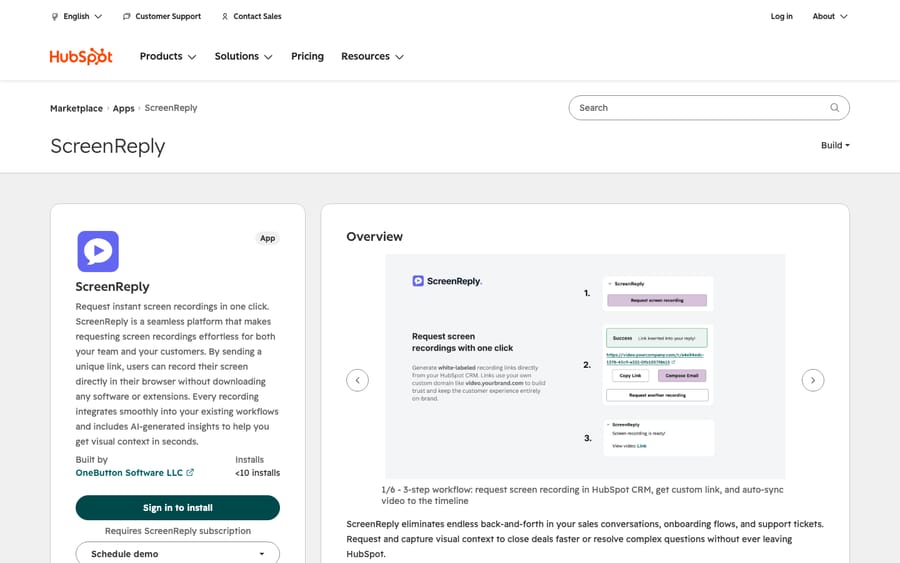 ScreenReply's listing on the HubSpot App Marketplace, captured October 30, 2026