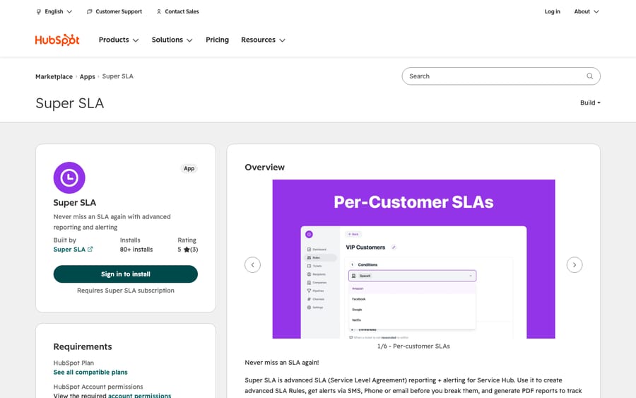 Super SLA's listing on the HubSpot App Marketplace, captured October 30, 2026