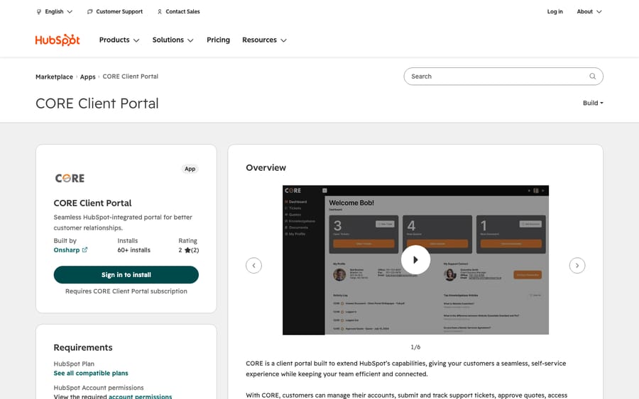 CORE Client Portal's listing on the HubSpot App Marketplace, captured October 30, 2026