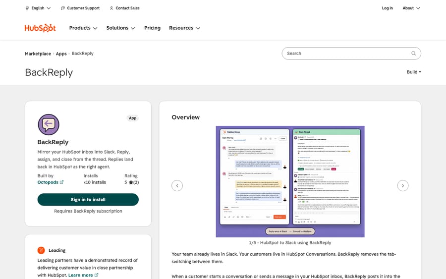 BackReply's listing on the HubSpot App Marketplace, captured October 30, 2026