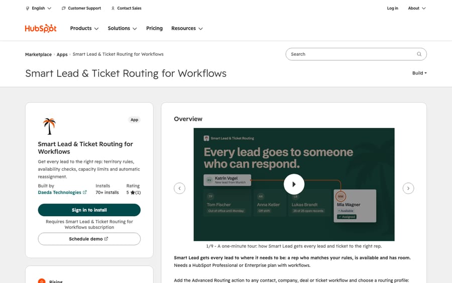 Smart Lead & Ticket Routing for Workflows' listing on the HubSpot App Marketplace, captured October 30, 2026