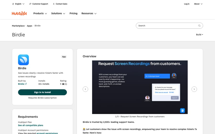 Birdie's listing on the HubSpot App Marketplace, captured October 30, 2026