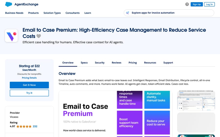 Email to Case Premium's listing on AppExchange, captured October 30, 2026