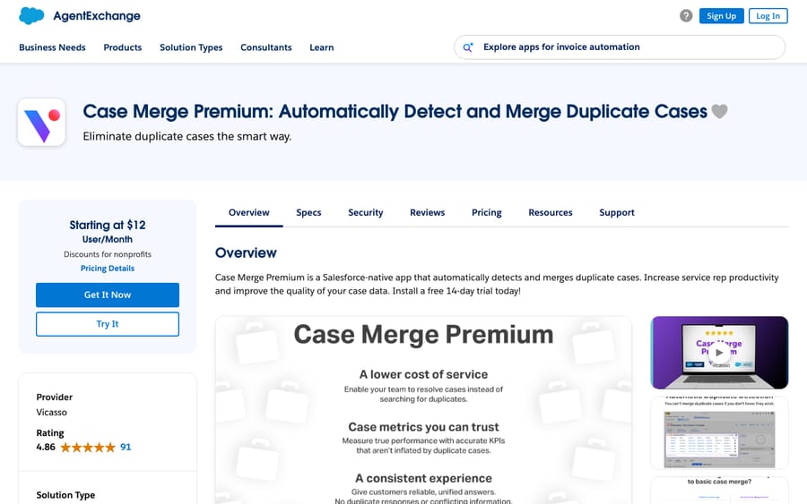 Case Merge Premium's listing on AppExchange, captured October 30, 2026