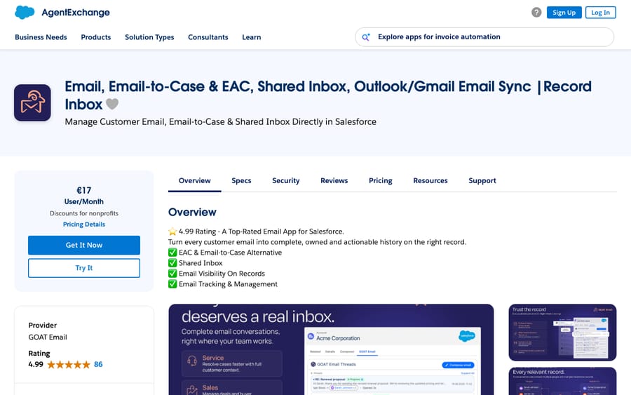 GOAT Email's listing on AppExchange, captured October 30, 2026