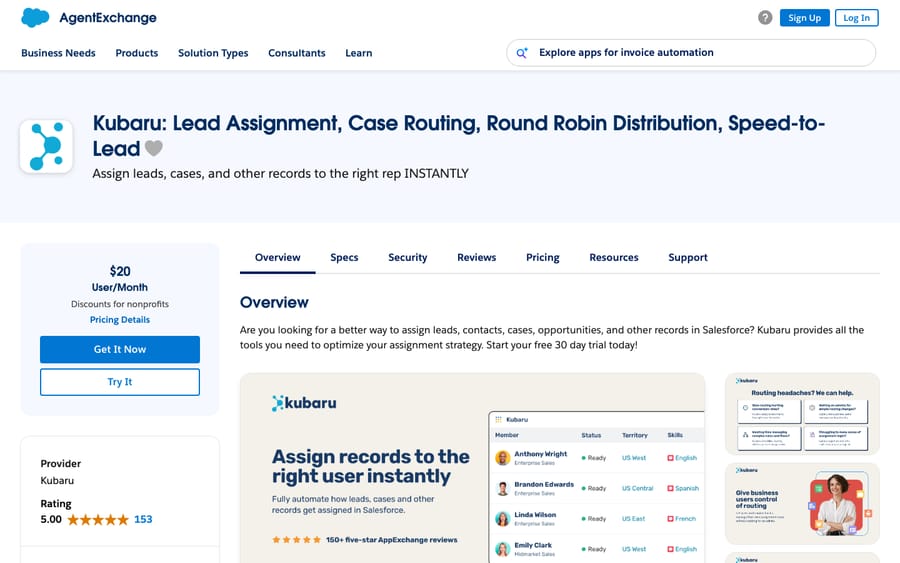 Kubaru's listing on AppExchange, captured October 30, 2026