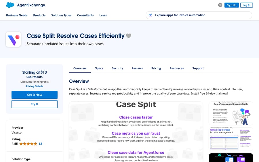 Case Split's listing on AppExchange, captured October 30, 2026