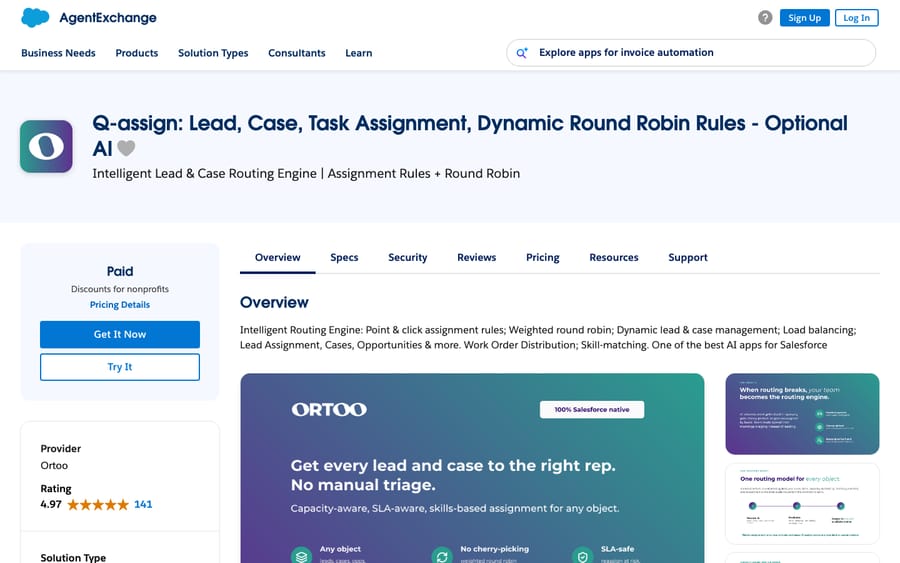 Q-assign's listing on AppExchange, captured October 30, 2026