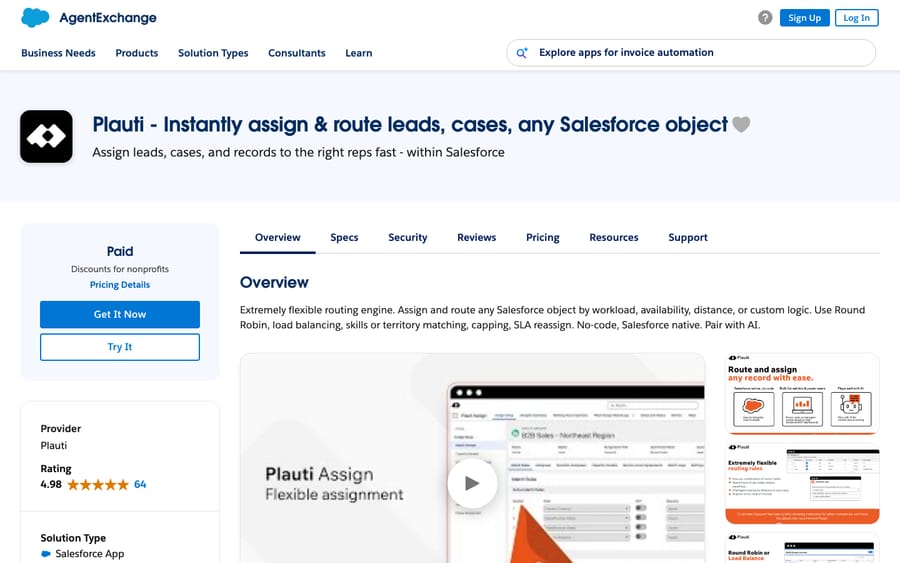 Plauti Assign's listing on AppExchange, captured October 30, 2026