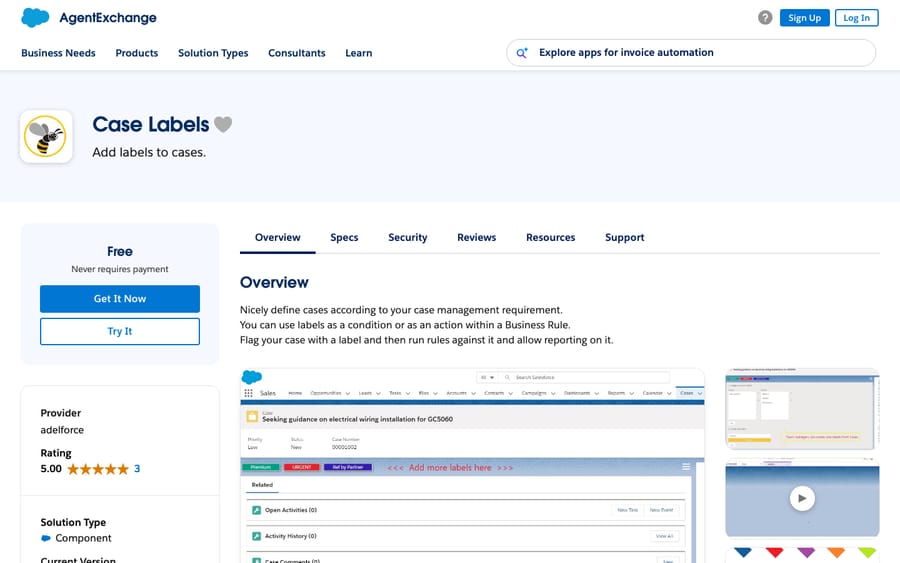 Case Labels' listing on AppExchange, captured October 30, 2026